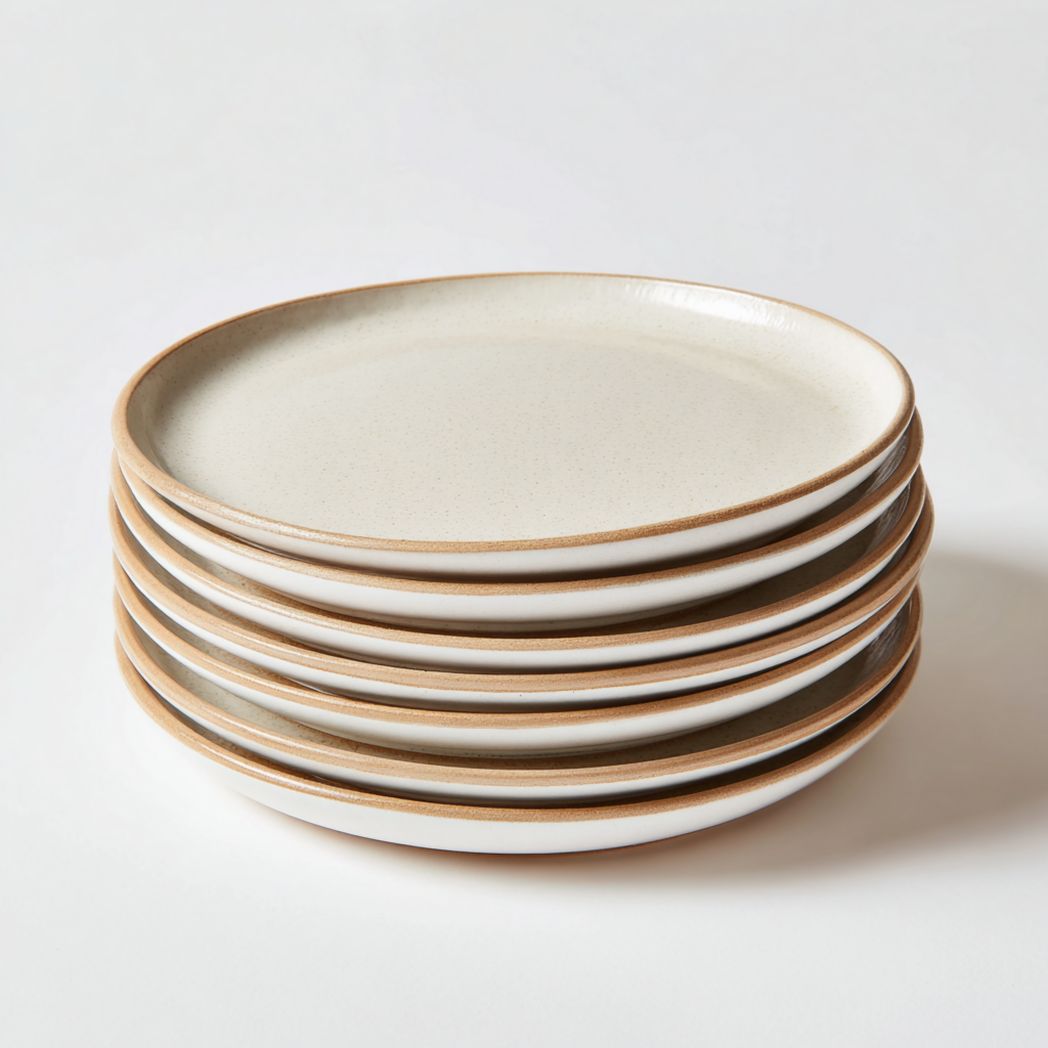 Lot de 7 Assiettes Plates en Céramique Beige Clair avec Bordure Marron