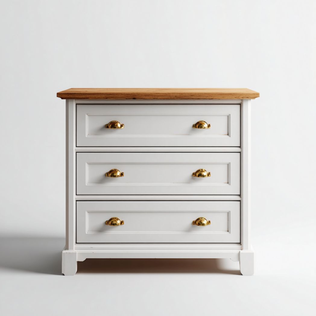 Commode à trois tiroirs blanche et dorée