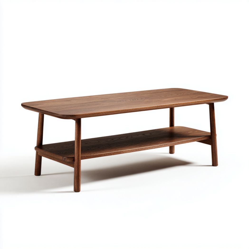 Table basse rectangulaire en bois massif brun foncé avec étagère