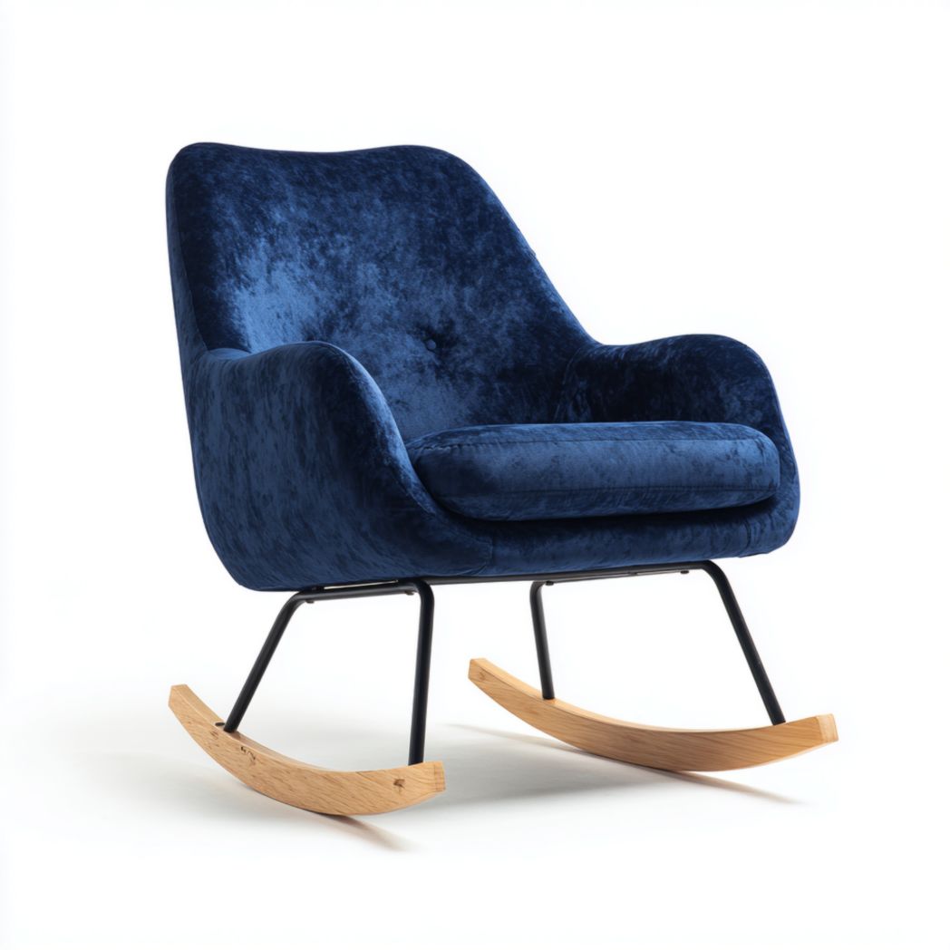 Fauteuil à bascule en velours ras bleu foncé avec structure en métal noir et base en bois jaune clair