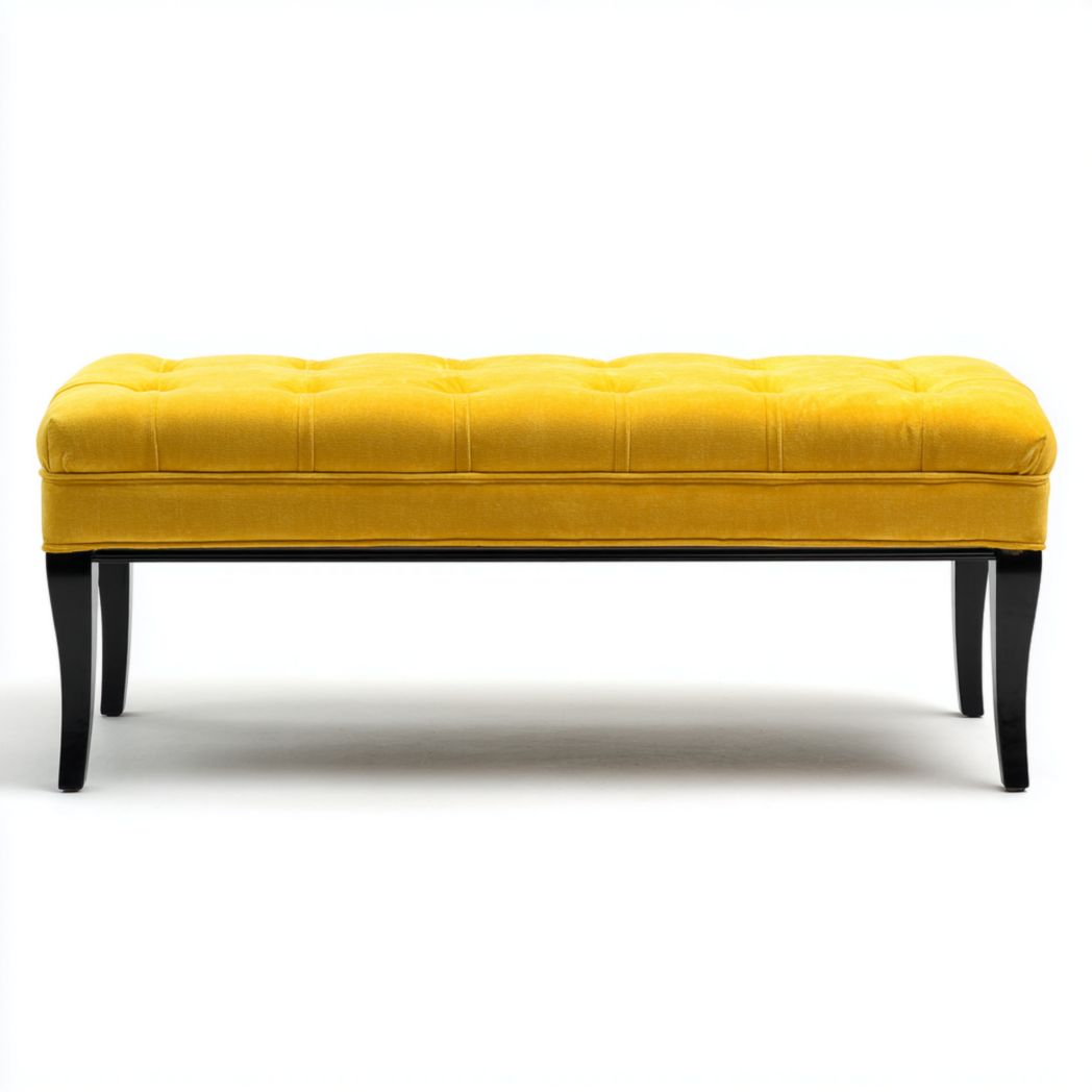 Banc avec assise en velours jaune et pieds en bois noir