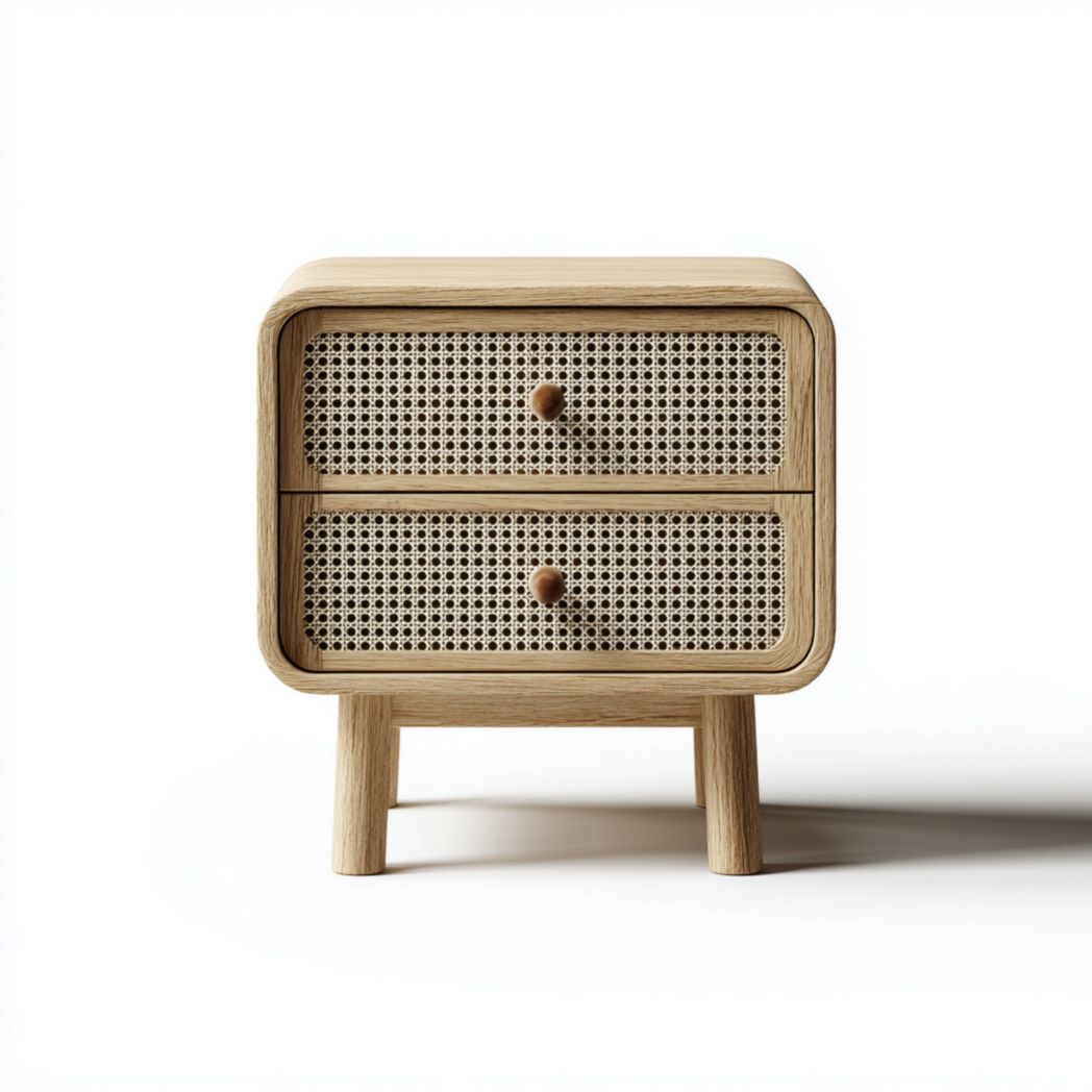 Table de chevet brun clair à deux tiroirs en rotin