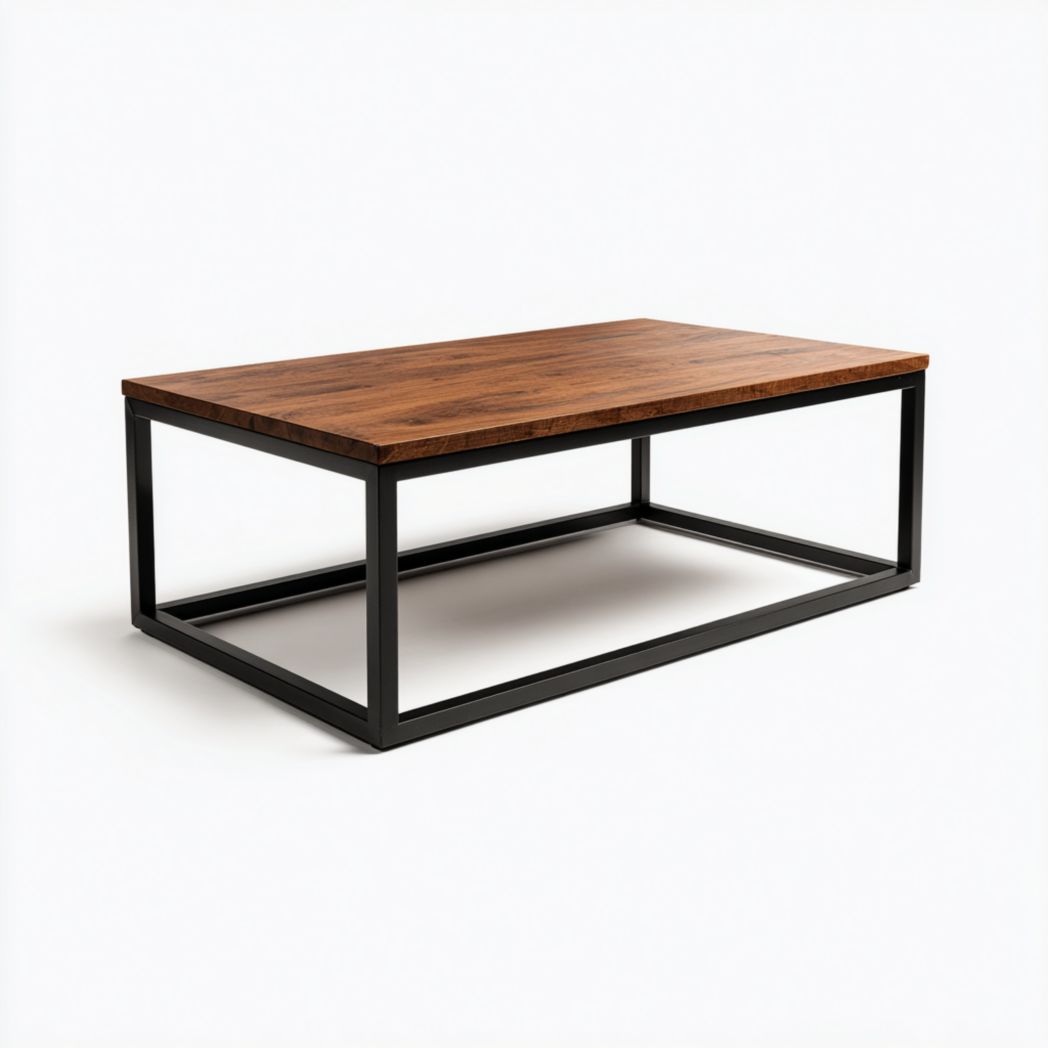Table basse en bois brun avec structure en métal noir