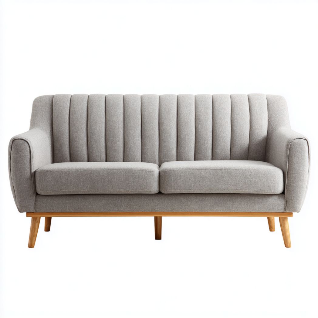Canapé 2 places en tissu gris clair à dossier capitonné vertical, pieds en bois brun clair
