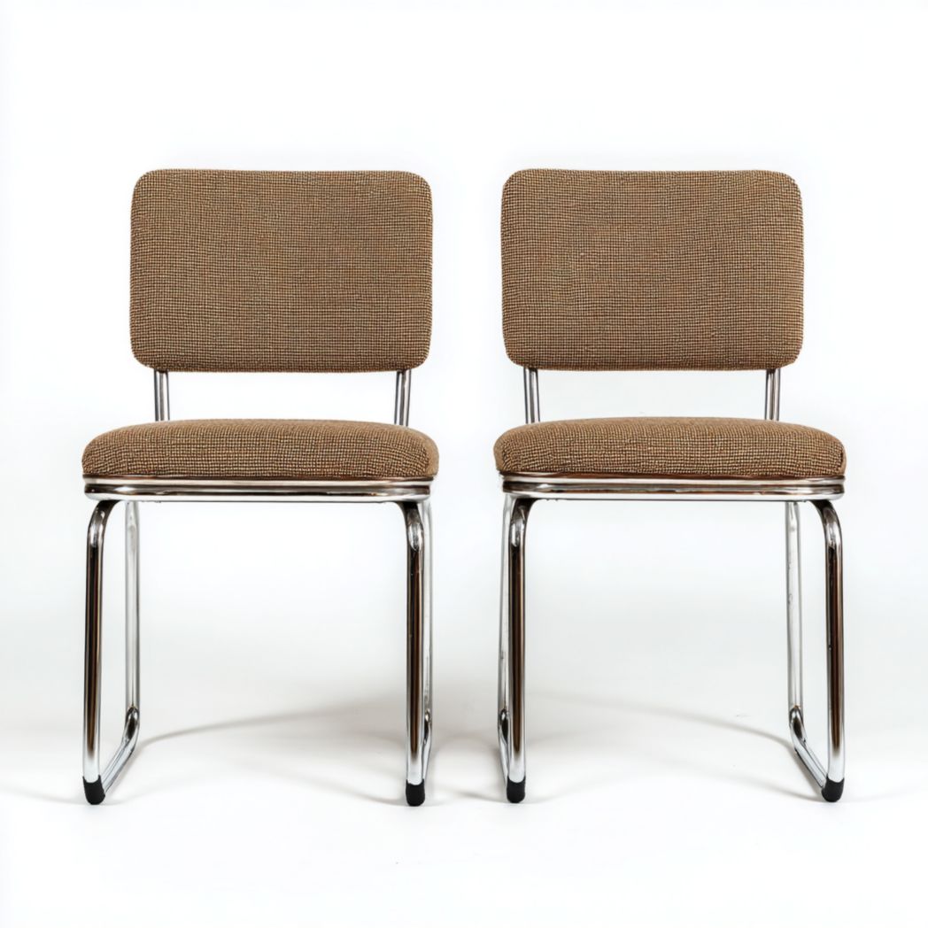 Lot de deux chaises de salle à manger en tissu marron avec structure chromée