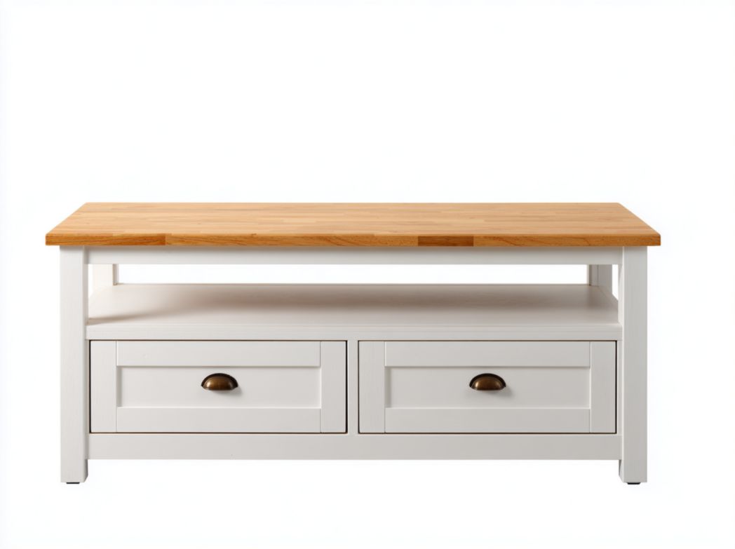 Meuble TV blanc à deux tiroirs avec plateau en bois brun clair