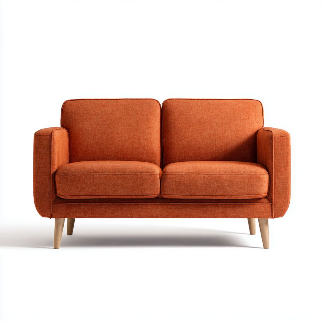 Canapé 2 places en tissu orange, pieds en bois brun clair