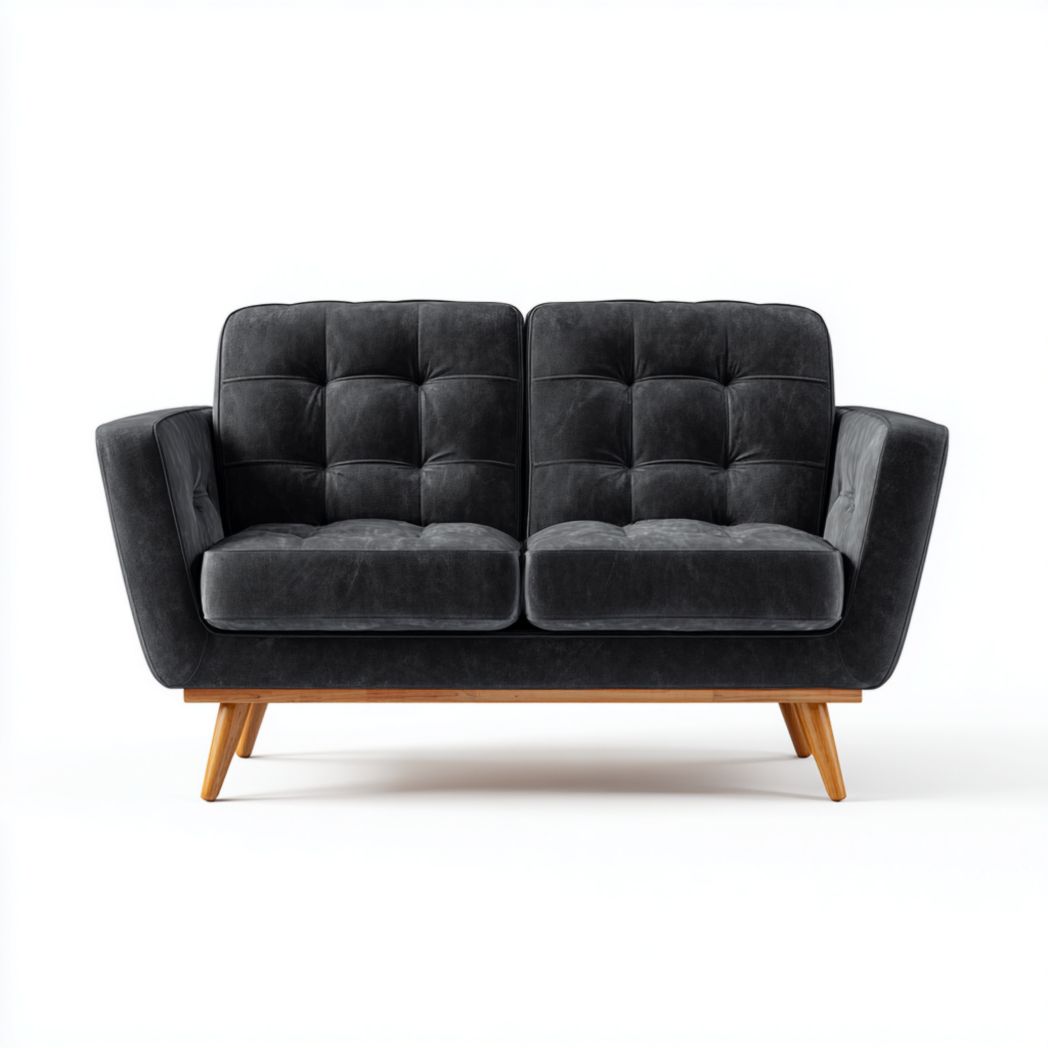 Canapé 2 places en velours gris foncé à motif capitonné, pieds en bois brun clair