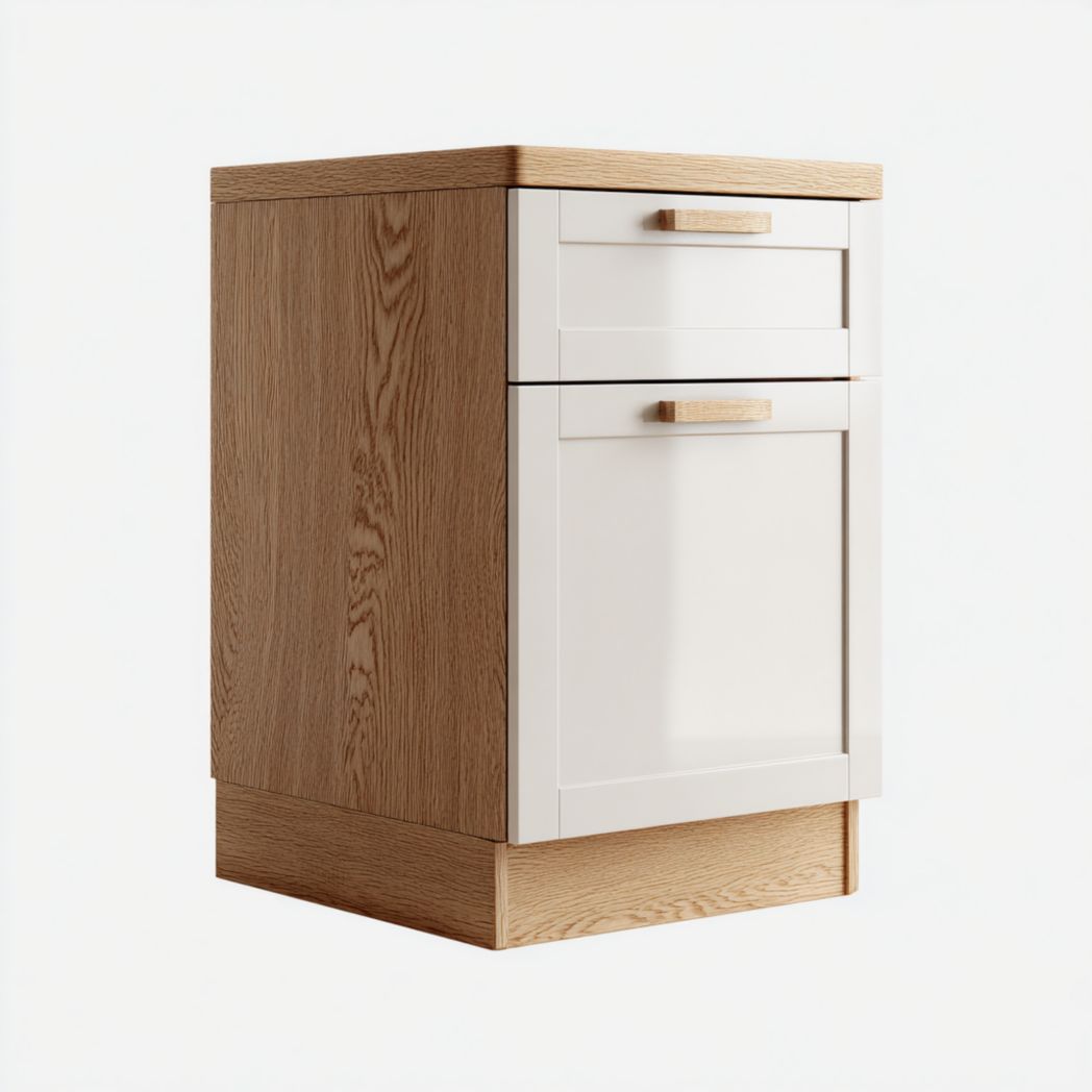 Meuble bas de cuisine blanc avec cadre bois clair, un tiroir et une porte