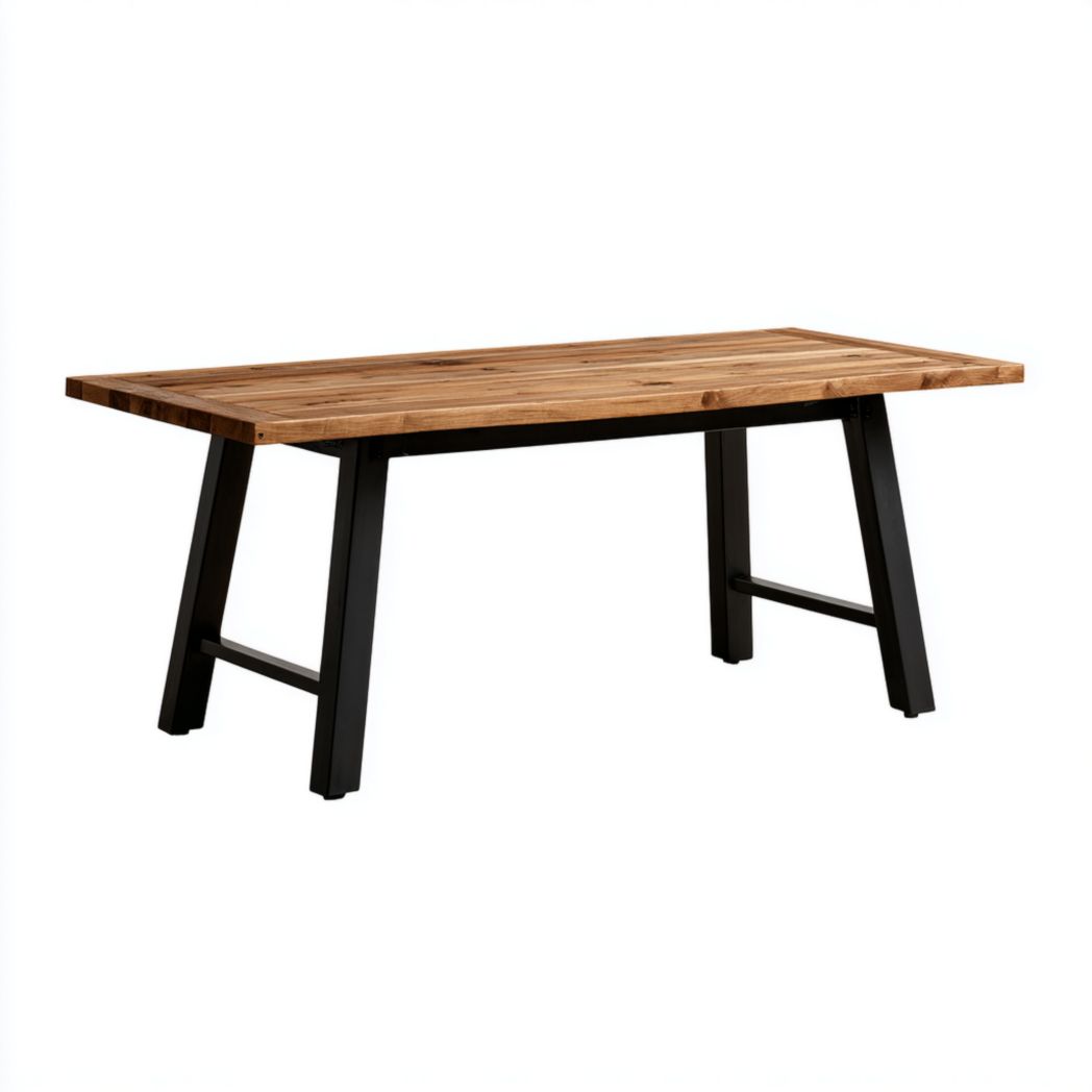 Table de jardin rectangulaire avec plateau en bois brun clair et cadre en métal noir