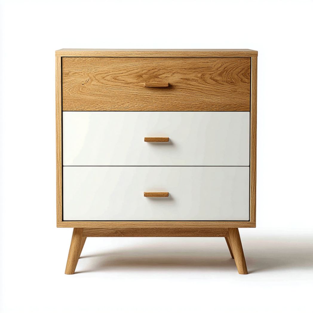 Commode à trois tiroirs blanche et brun clair