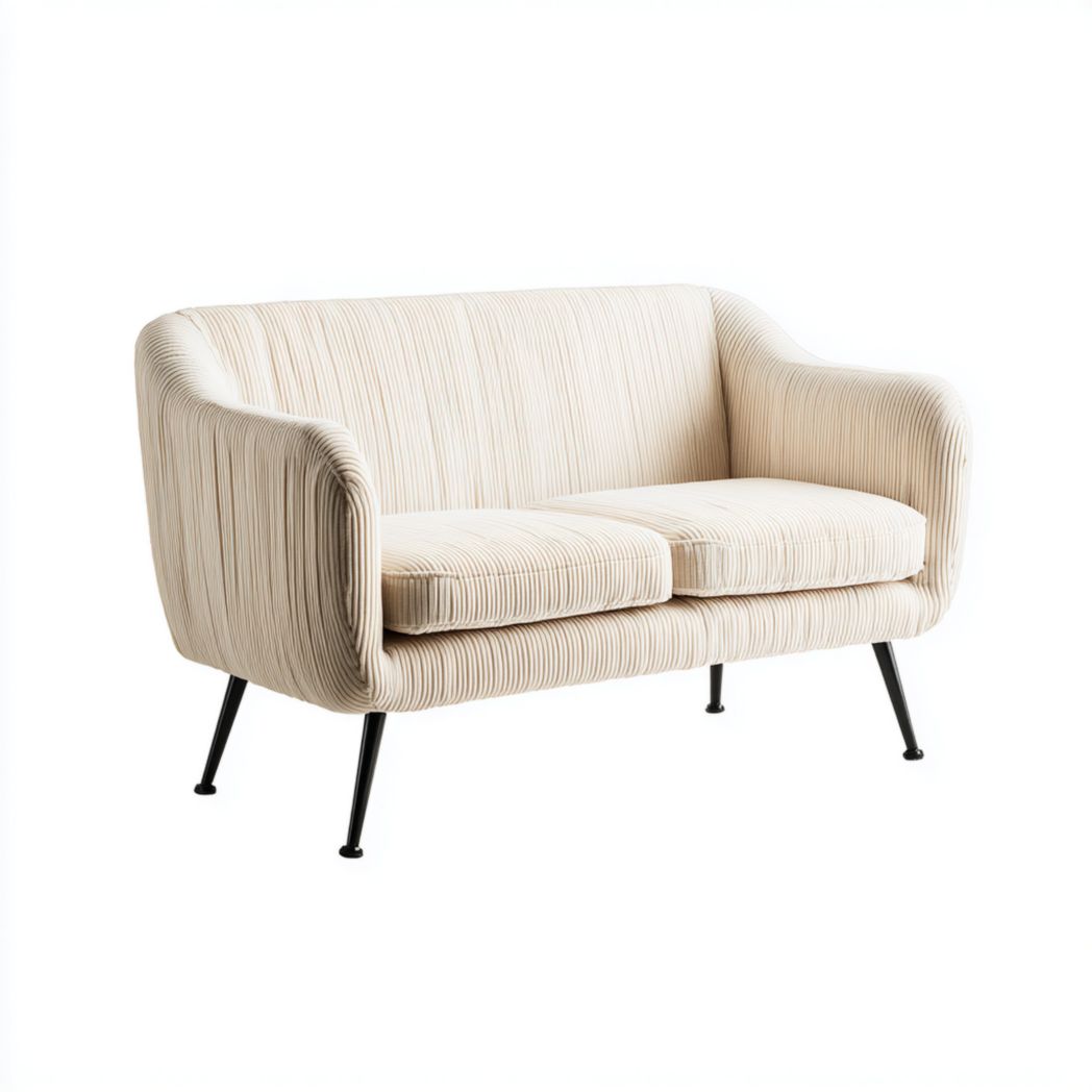 Canapé 2 places en velours côtelé beige, pieds métalliques noirs