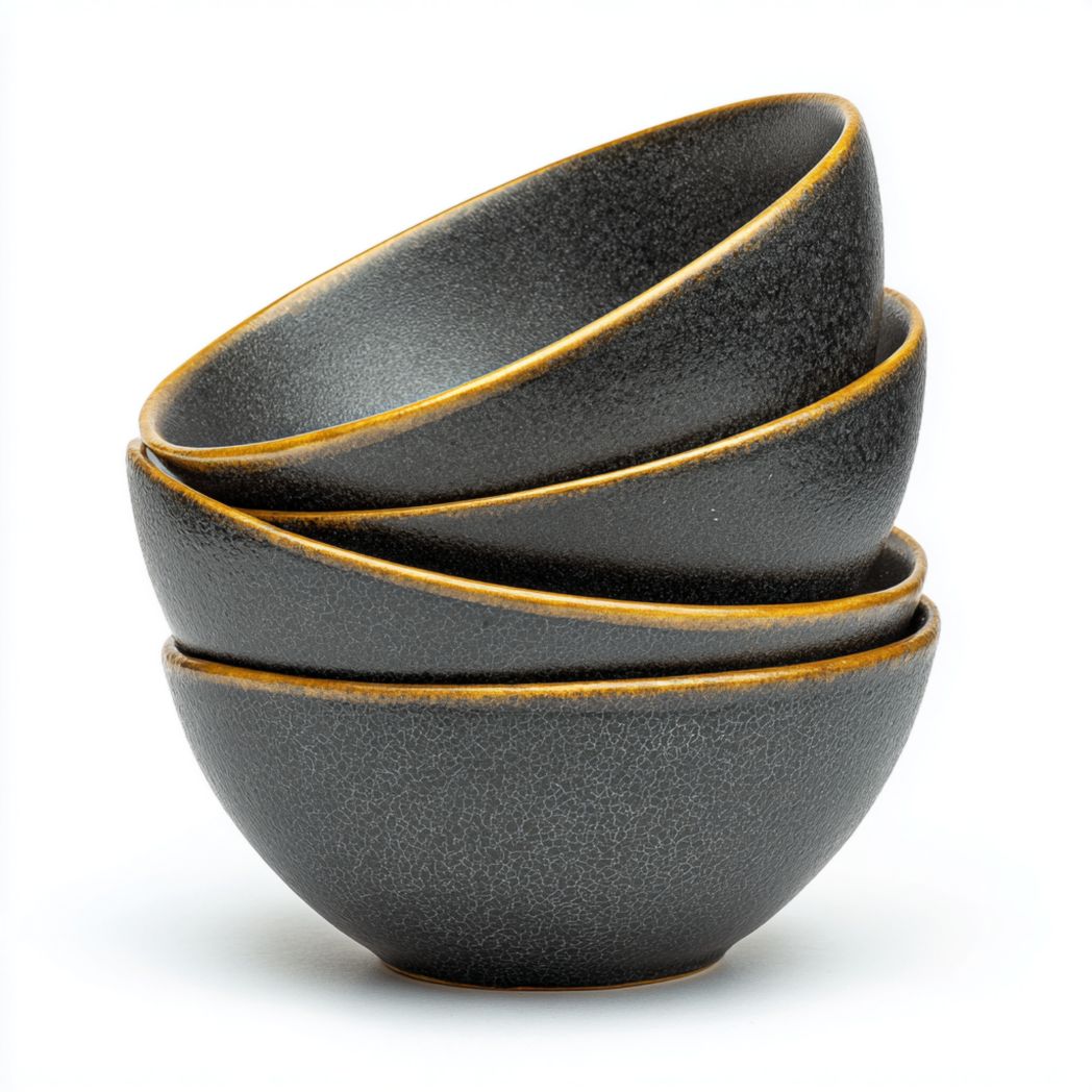 Lot de 4 Bols en Céramique Noire avec Bordure Dorée