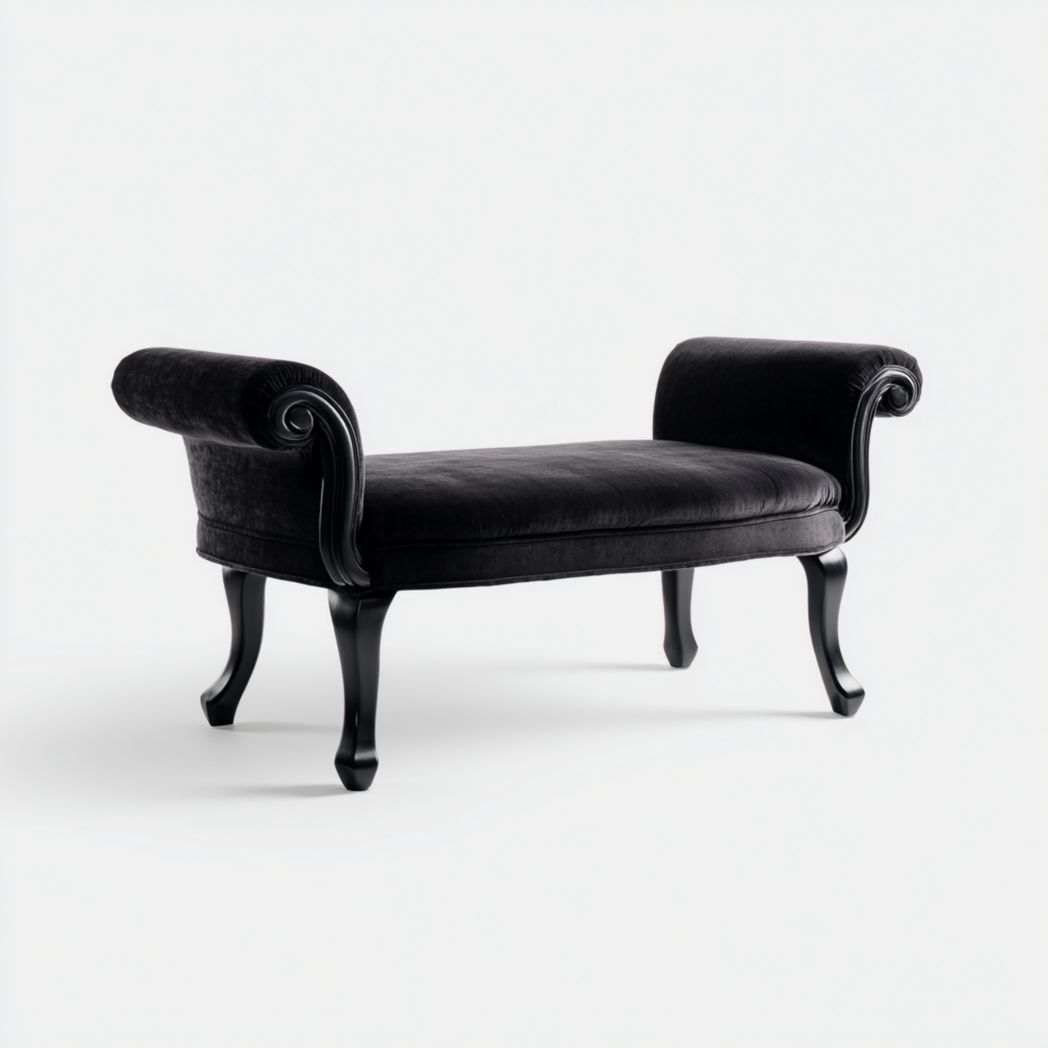 Banc en velours noir avec accoudoirs roulés et pieds en bois