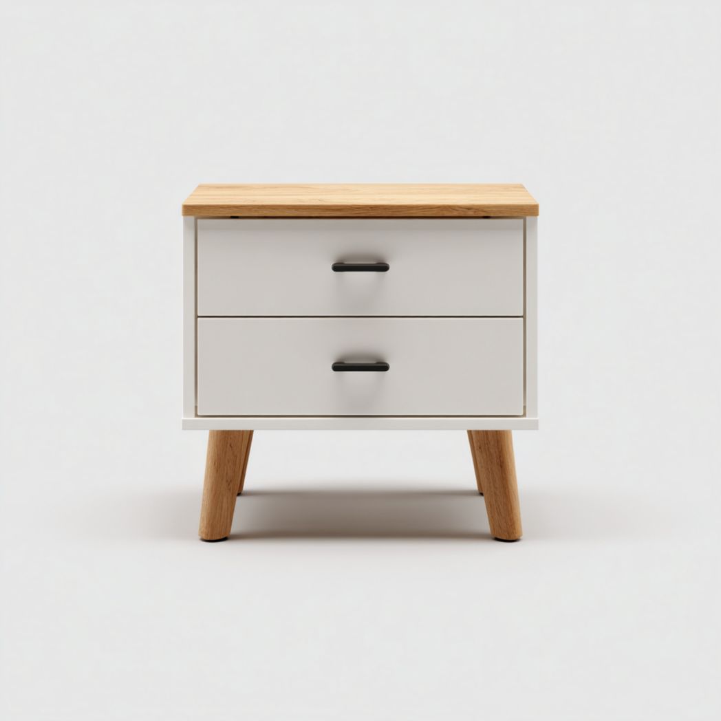 Table de chevet blanche à deux tiroirs, plateau et pieds brun clair.