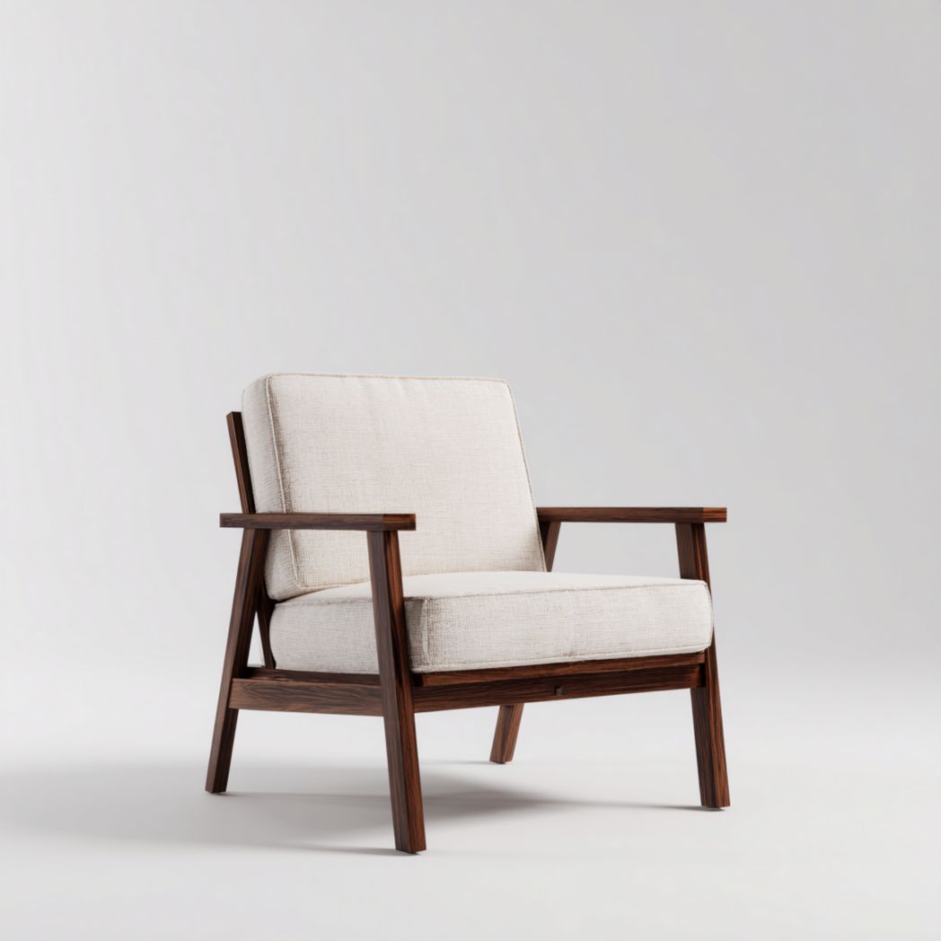 Fauteuil en lin et coton beige avec cadre en bois brun foncé