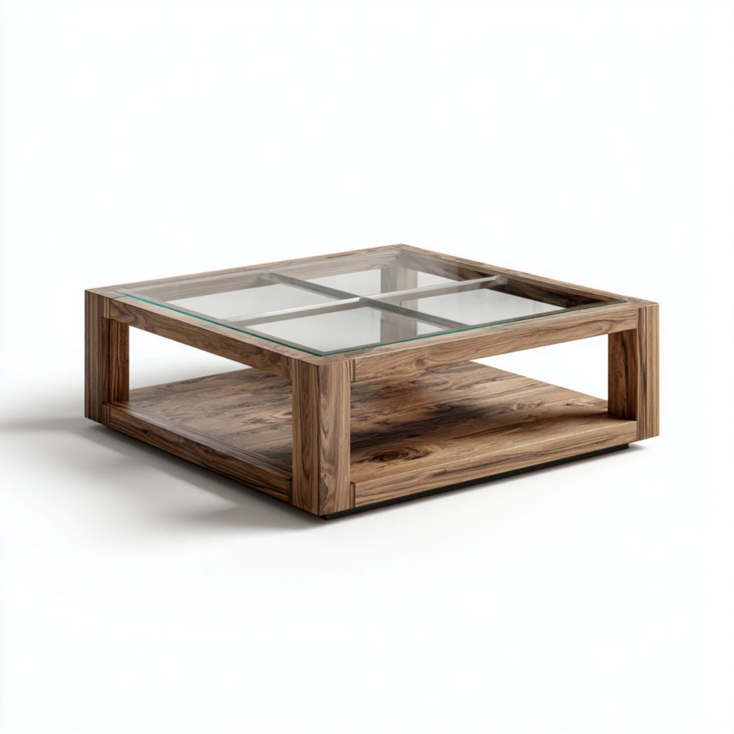 Table basse carrée à deux niveaux avec plateau en verre et structure brune