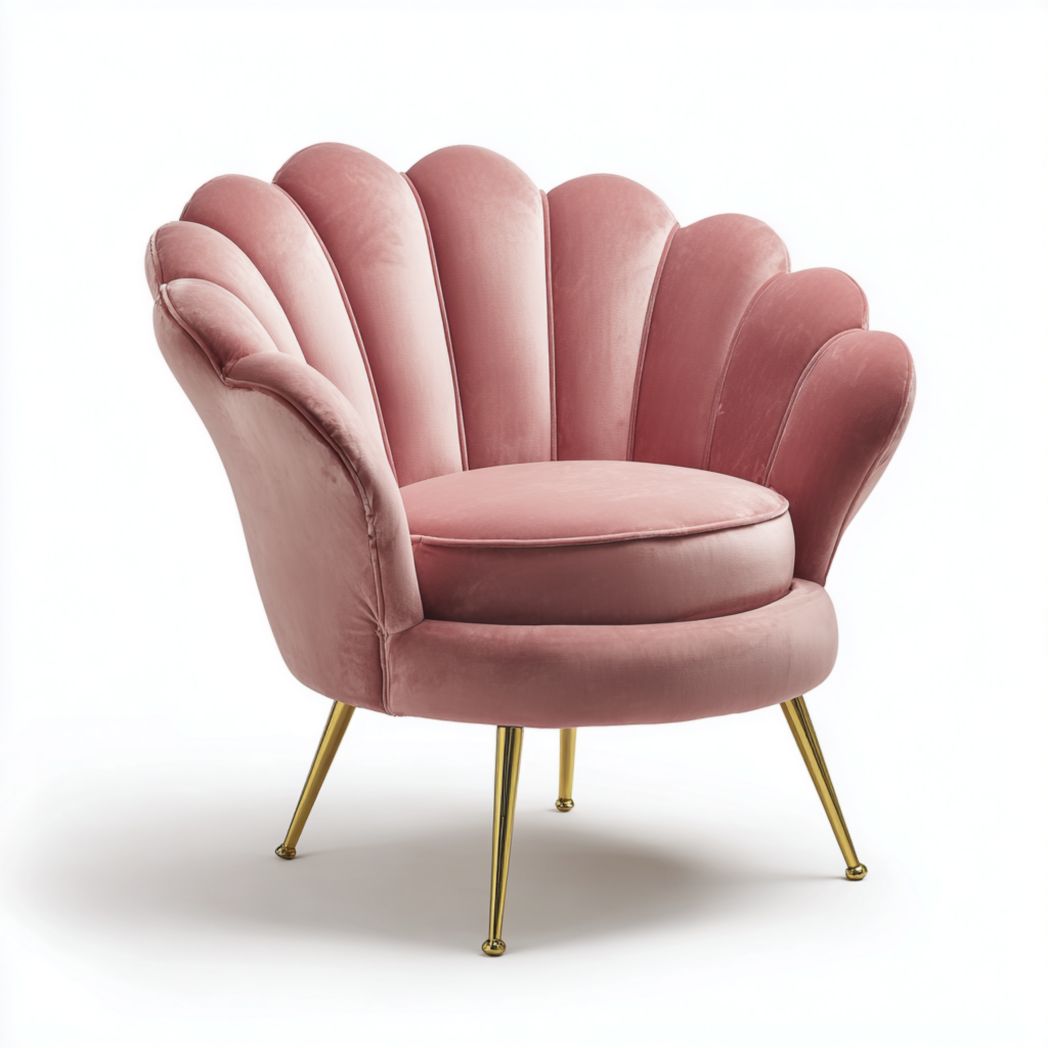 Fauteuil coquillage en velours rose avec pieds en métal doré