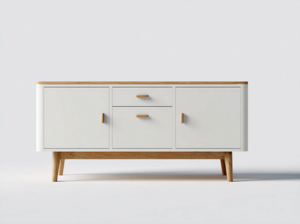 Meuble TV en bois blanc avec deux portes et deux tiroirs