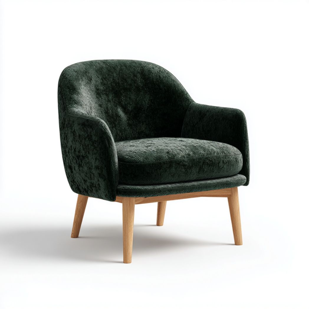 Fauteuil en velours vert foncé avec pieds en bois brun clair