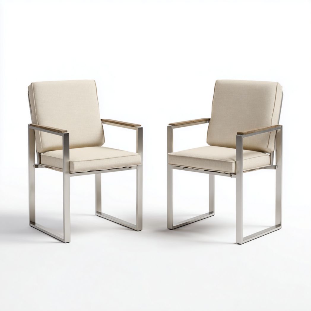 Lot de 2 chaises de jardin avec coussins beige et structure en acier inoxydable