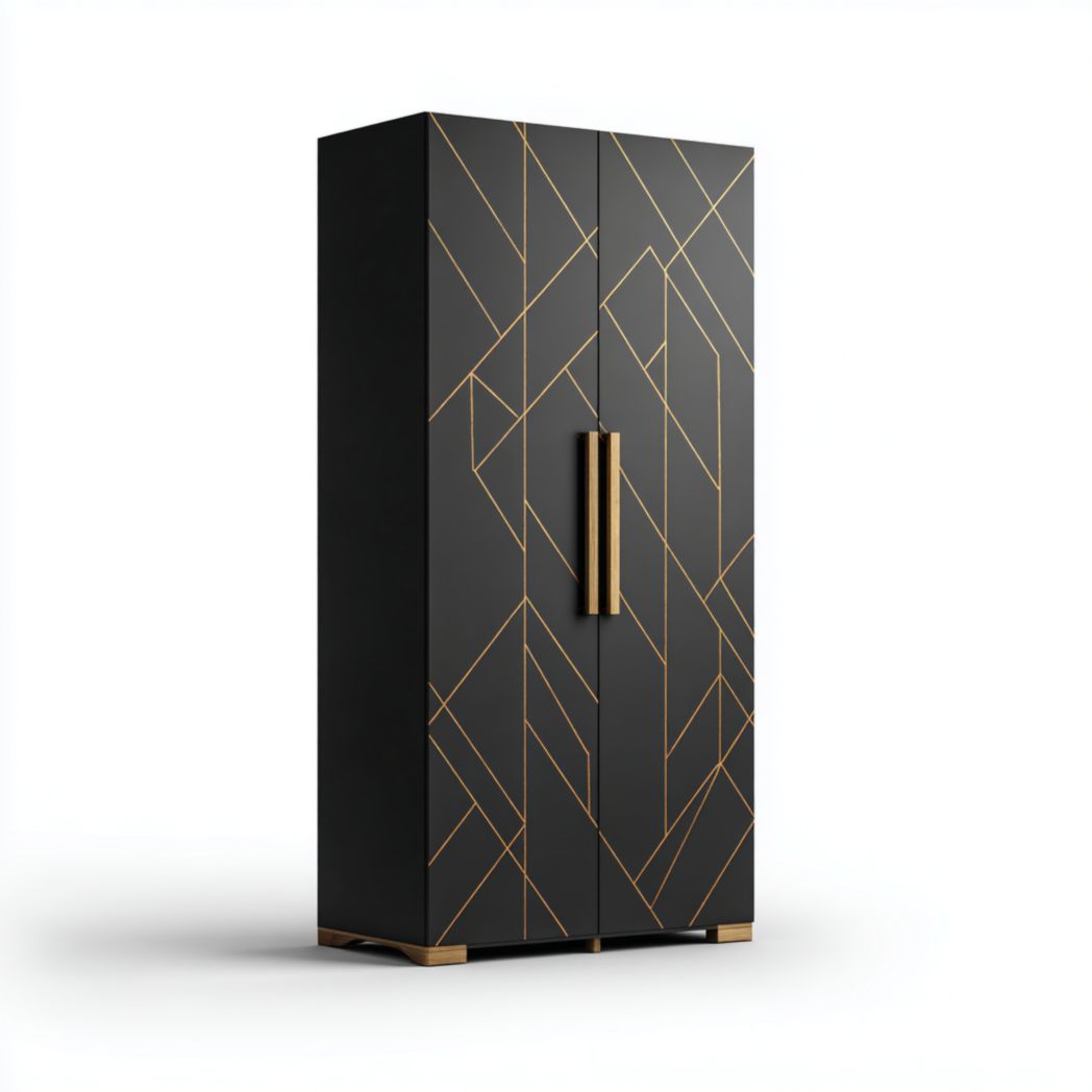 Armoire penderie noire à deux portes avec lignes dorées et poignées dorées