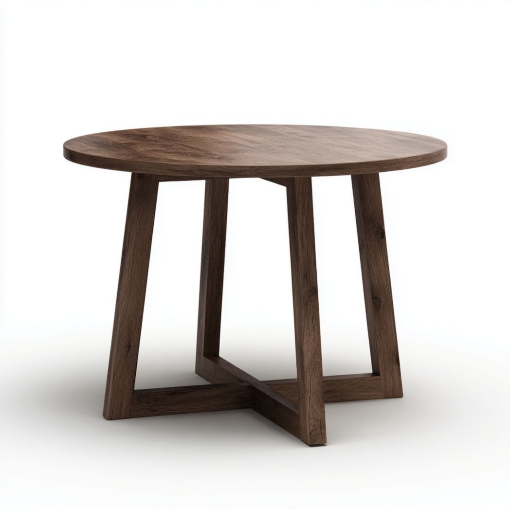 Table basse ronde brun foncé avec base croisée en bois