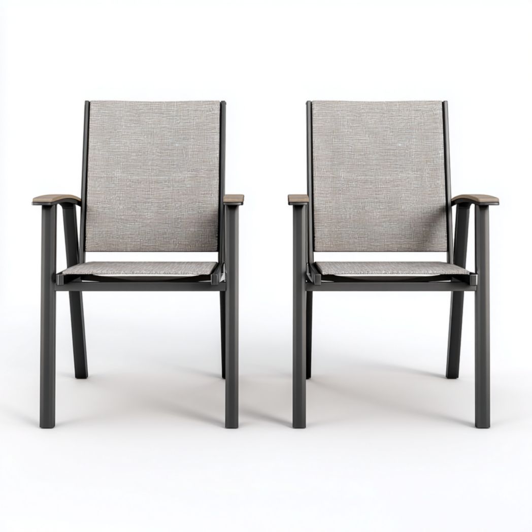 Lot de 2 fauteuils de jardin à structure en métal noir et assise et dossier en tissu gris clair