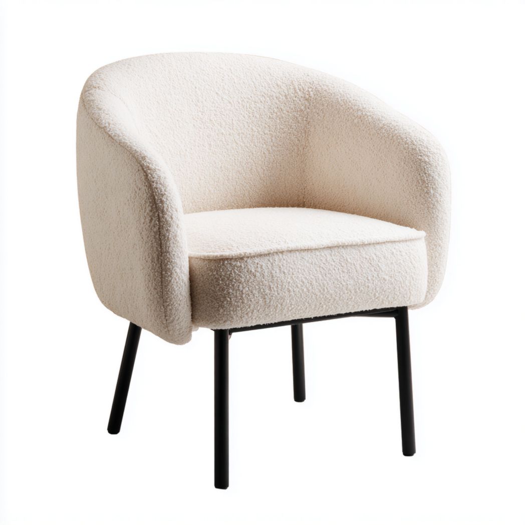 Fauteuil en tissu bouclette blanc cassé avec pieds en métal noir