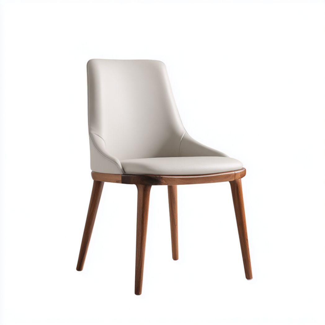 Chaise de salle à manger en cuir beige avec pieds en bois massif brun foncé