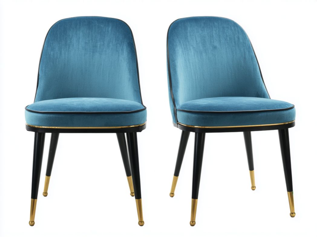 Lot de 2 chaises de salle à manger en velours bleu avec pieds noirs et embouts dorés