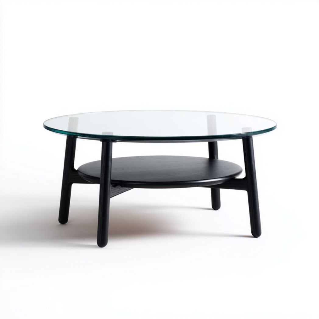 Table basse ronde en verre avec plateau inférieur en bois noir