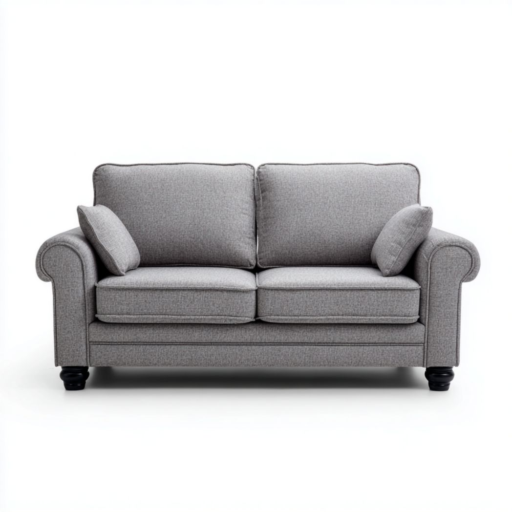 Canapé deux places gris avec deux coussins