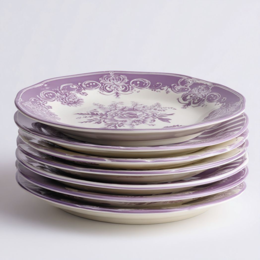 Lot de 7 Assiettes en Céramique avec Motif Floral Violet