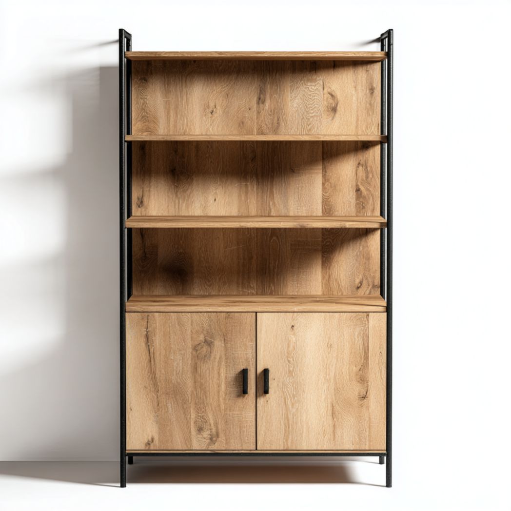 Bibliothèque avec cadre noir et portes doubles couleur brun clair