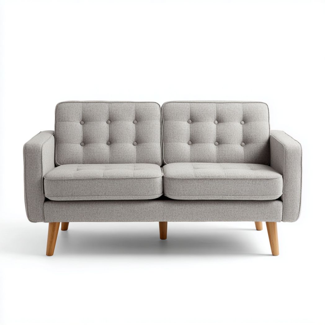 Canapé 2 places en tissu gris clair à dossier capitonné, pieds en bois brun clair