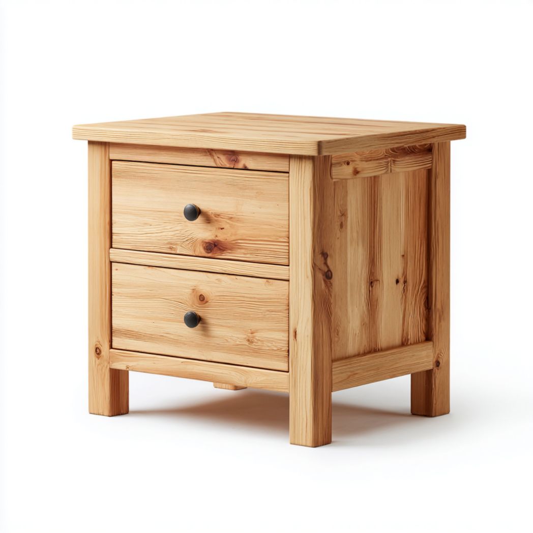 Table de chevet à deux tiroirs marron clair avec poignées noires