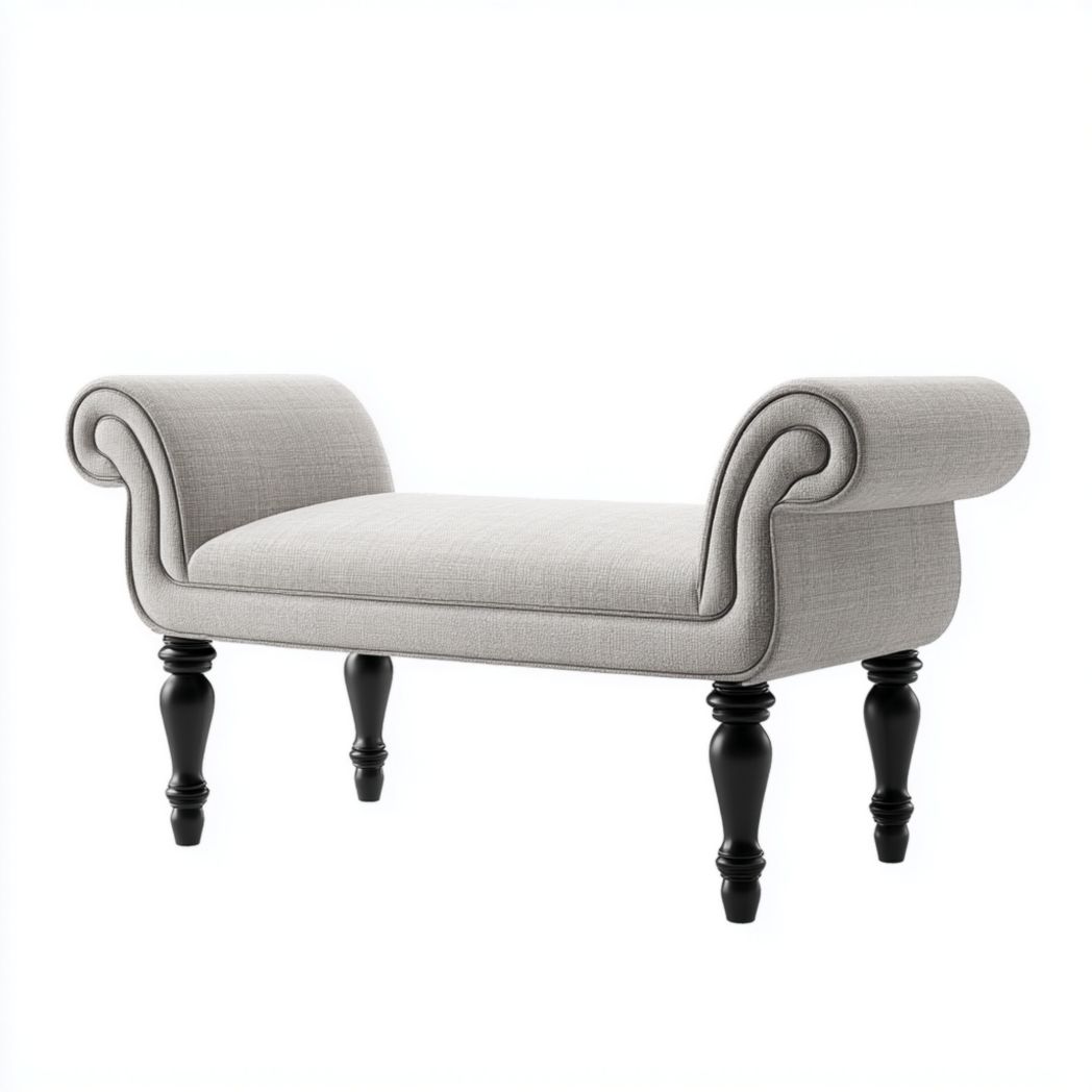 Banc en tissu gris clair avec pieds en bois noir