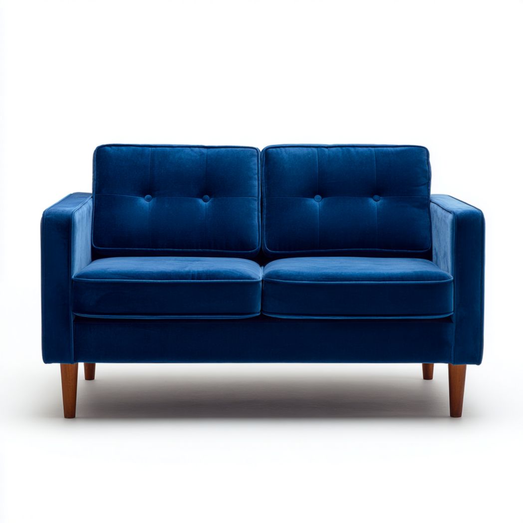 Canapé 2 places en velours bleu foncé, pieds en bois brun clair