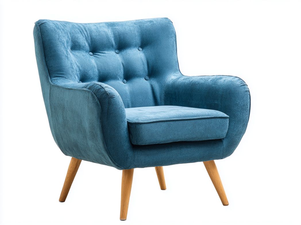 Fauteuil en velours bleu avec pieds en bois brun clair