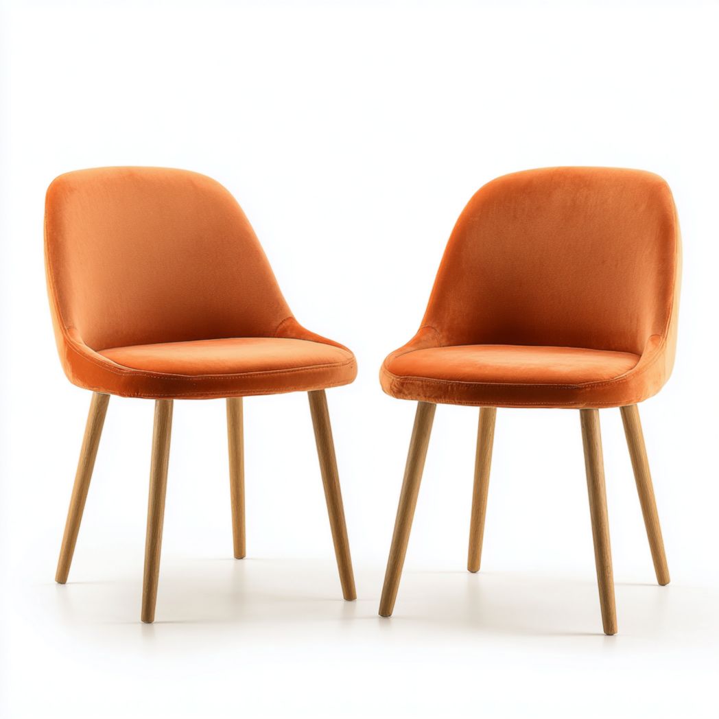 Lot de 2 chaises de salle à manger en velours orange avec pieds en bois brun clair