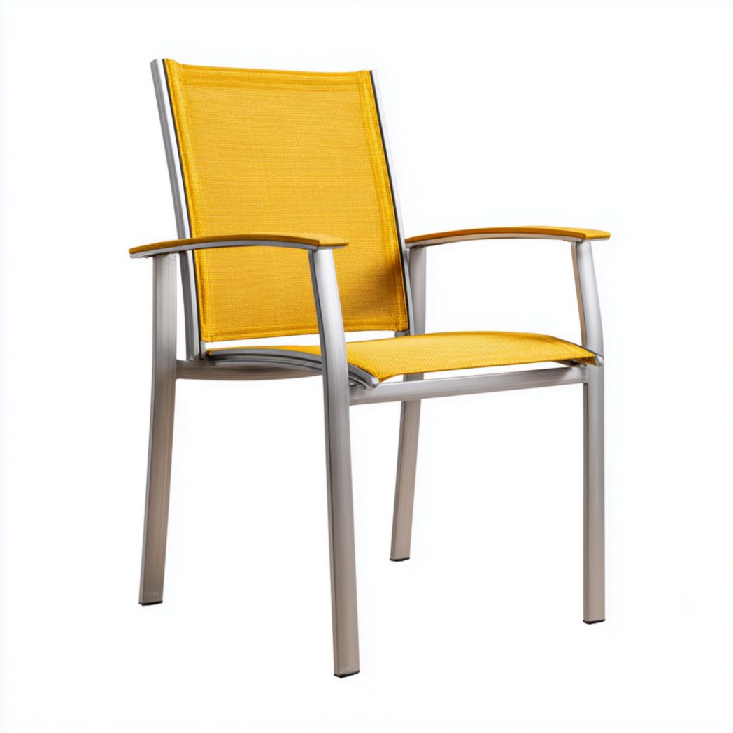 Fauteuil de jardin en métal gris argenté avec assise et dossier en textilène jaune