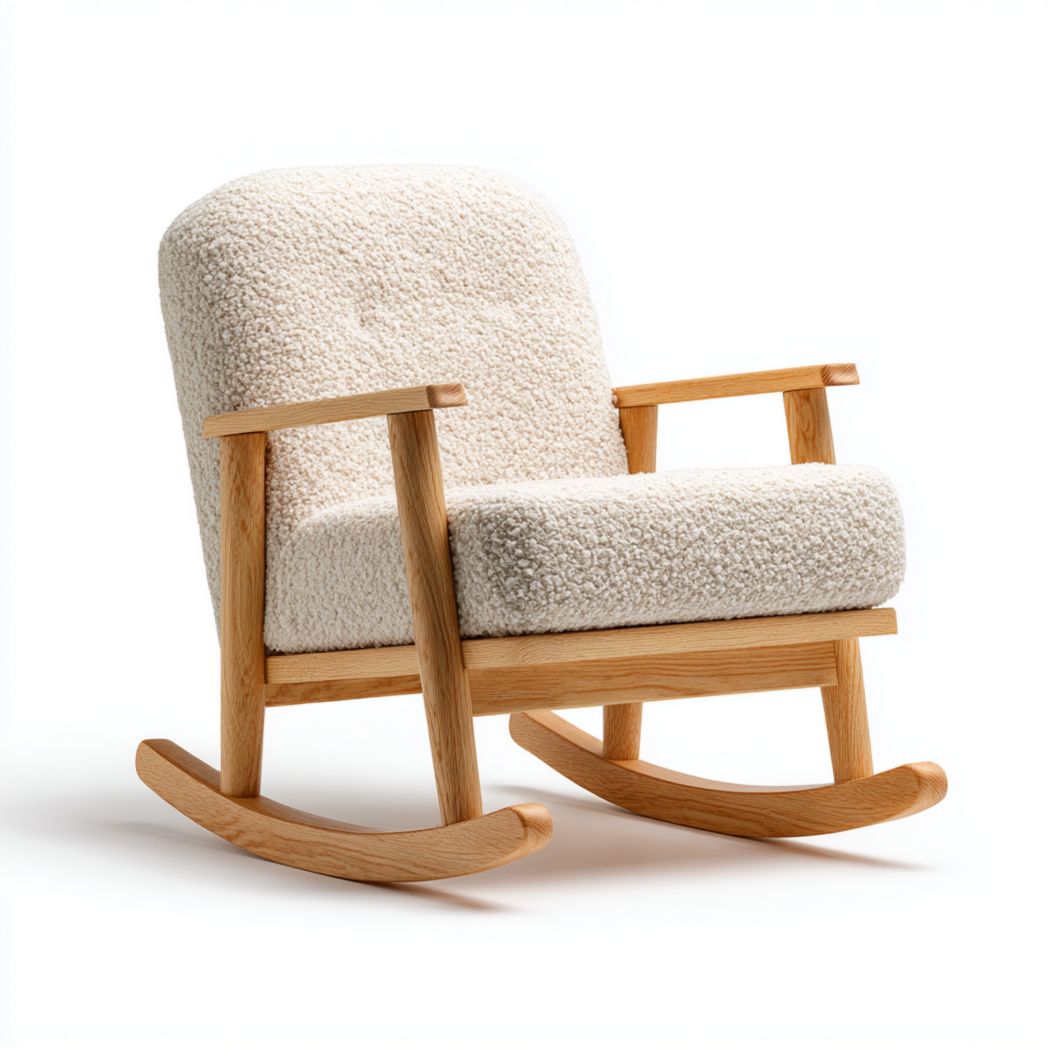 Fauteuil à bascule en tissu bouclette ivoire avec structure en bois jaune clair