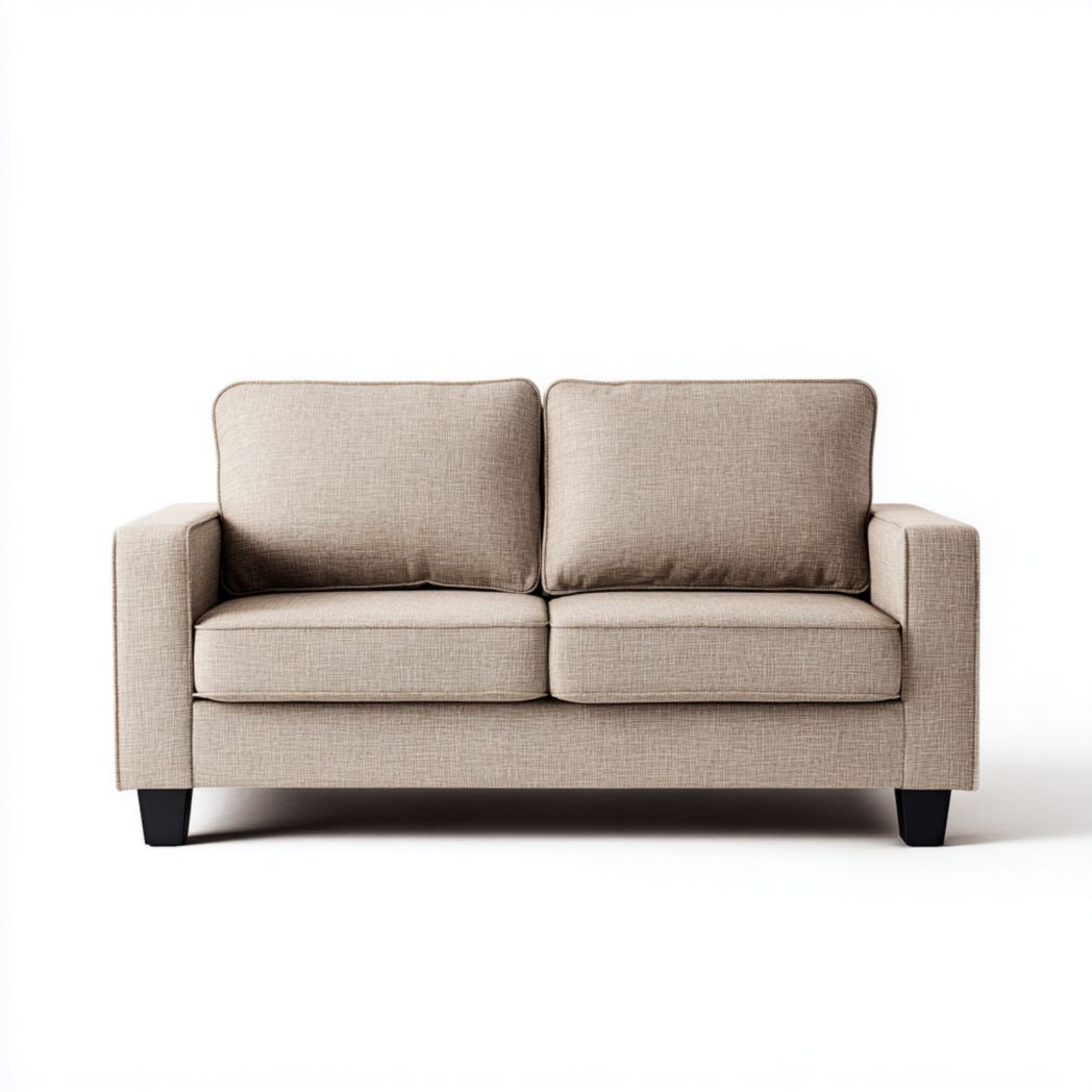 Canapé 2 places en tissu beige, pieds en bois brun foncé