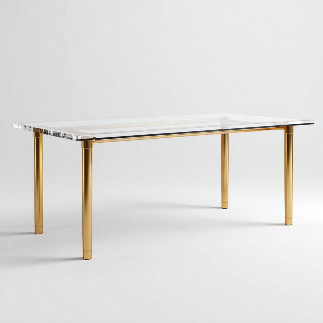Table à manger rectangulaire avec plateau en verre trempé transparent et pieds métalliques dorés