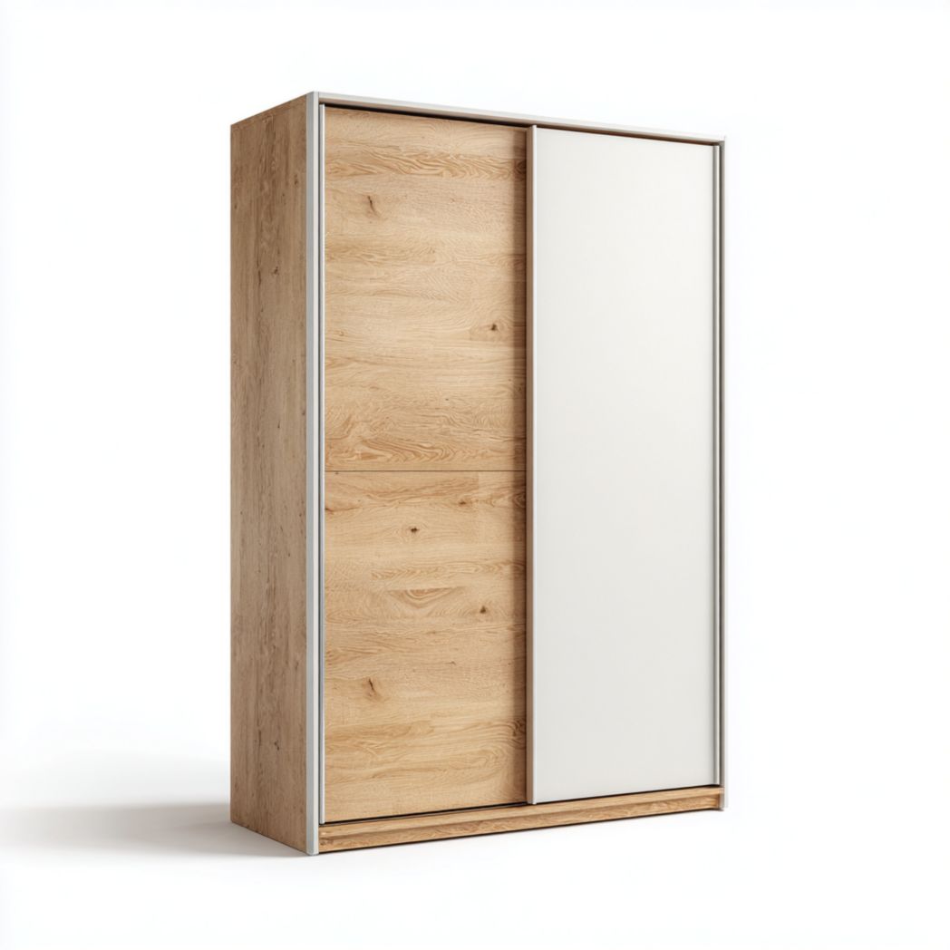 Armoire penderie bicolore à deux portes coulissantes, blanc et chêne clair