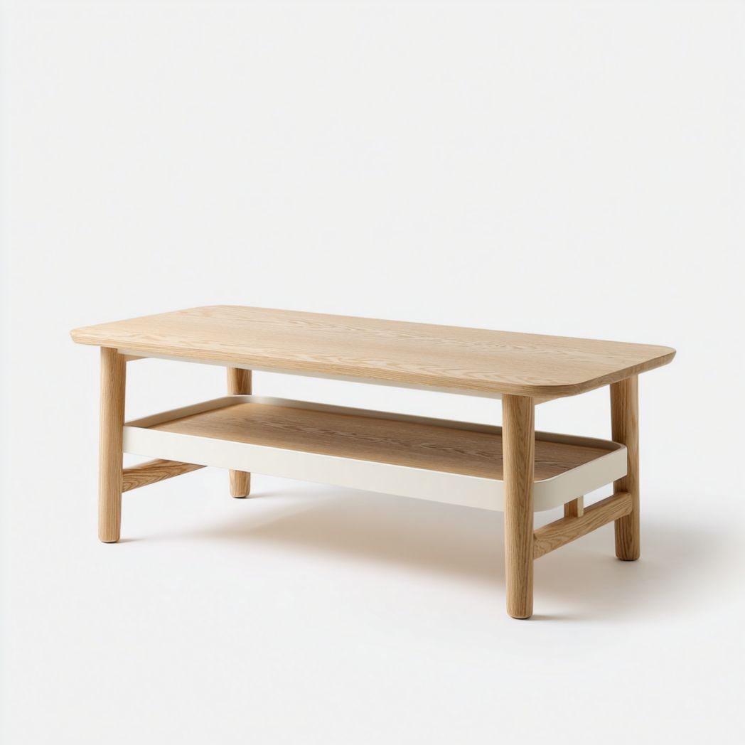 Table basse rectangulaire à deux niveaux en bois massif brun clair et blanc cassé