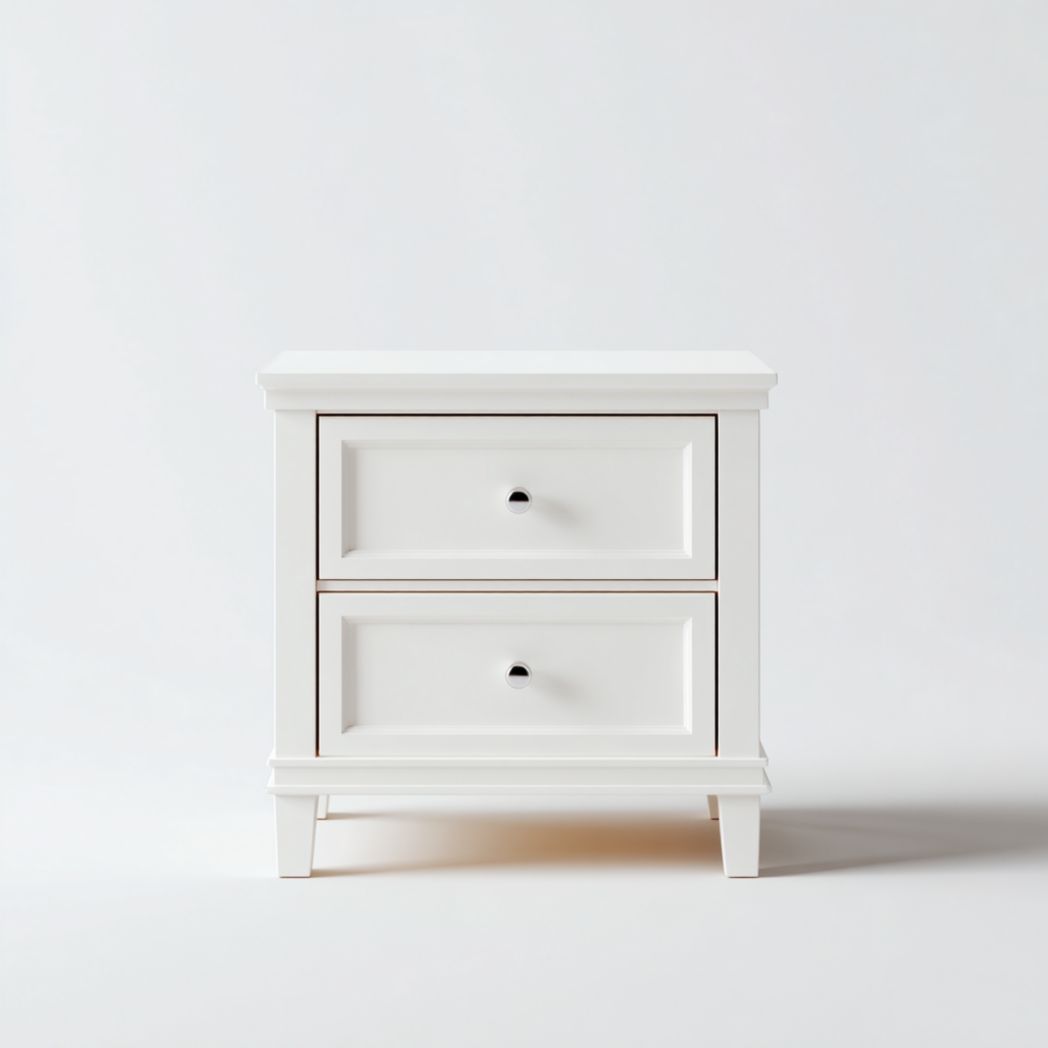 Table de chevet blanche à deux tiroirs avec poignées rondes en métal argenté