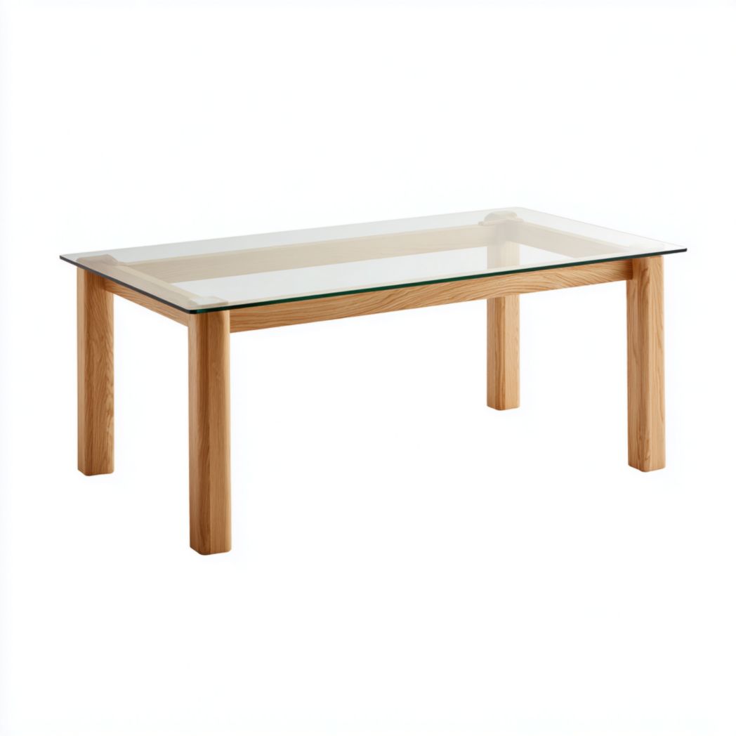 Table basse rectangulaire en bois brun clair avec plateau en verre transparent