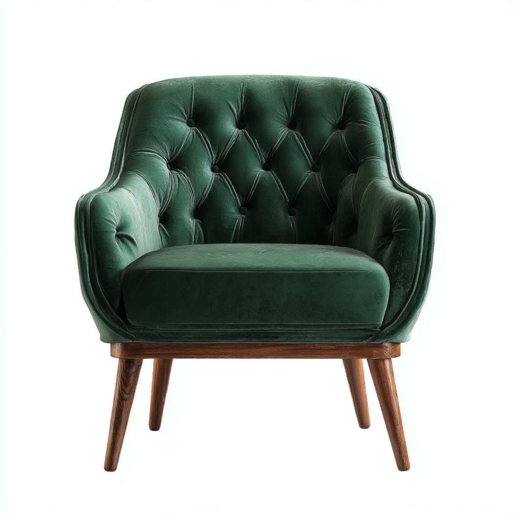 Fauteuil en velours vert avec pieds en bois massif